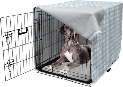 Lunarable Plaid Dog Crate Cover, Geometrical Striped Old Fashioned Pattern Pastel Colors Country, Easy to Use Pet Kennel Cover for Medium Large Dogs, 48 Inch, Pale Blue Yellow White