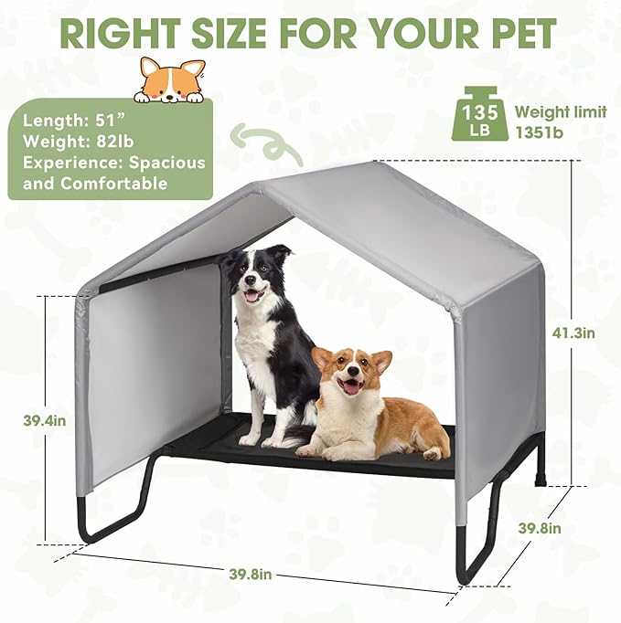 Dog Shade Shelter Outdoor Tent for Large Medium Dogs, Outdoor Pet Tent Weatherproof, Outside Sun Rain Canopy Pet Houses with Elevated Dog Bed for Dogs, Small Animals and Livestock,3.4'x3.4'x3.2', Grey
