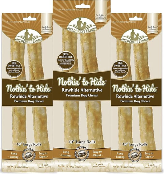Fieldcrest Farms Nothing to Hide Natural Rawhide Alternative Large 10'' Rolls for Dogs - 3 Pack (6 Chews) Premium Grade Easily Digestible Chews - Great for Dental Health (Peanut Butter)