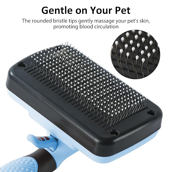 Dog & Cat Hair Brush,Self Cleaning Slicker Brush for Long Short Hair,Shedding & Grooming Pet Brush with Soft Bristle and Release Button,Blue