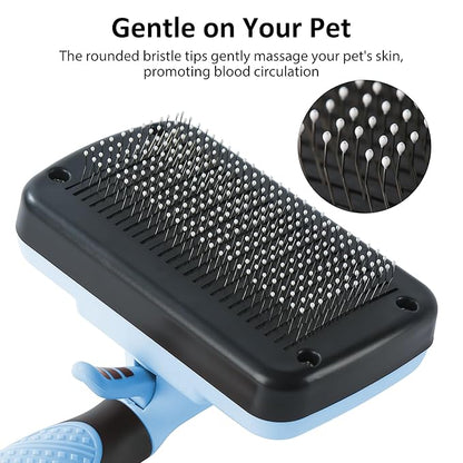 Dog & Cat Hair Brush,Self Cleaning Slicker Brush for Long Short Hair,Shedding & Grooming Pet Brush with Soft Bristle and Release Button,Blue