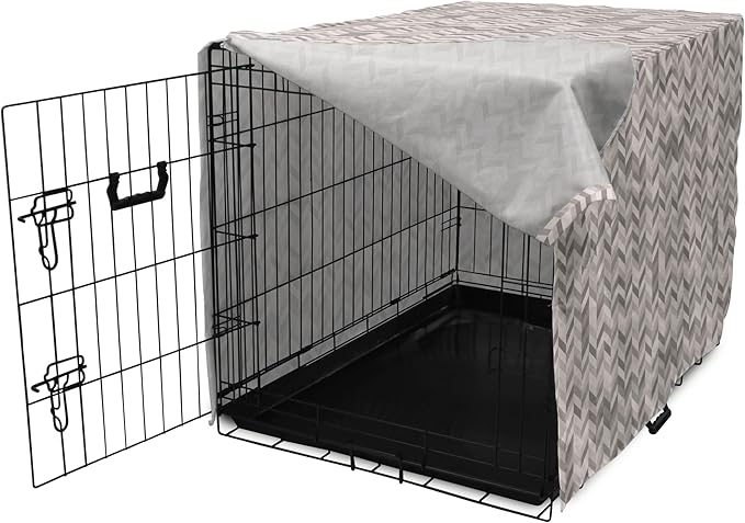 Lunarable Chevron Dog Crate Cover, Monochrome Stripes 3 Dimensional Pattern Geometric Chevron Design Abstract, Easy to Use Pet Kennel Cover for Cats & Medium Dogs, 24 Inch, Taupe and Grey