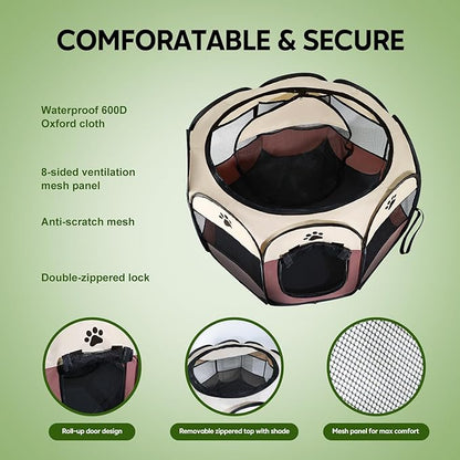 Pet Puppy Dog Playpen Portable, 27” Foldable Crate for Small Dog and Cat,Dog Kennel with Carry Bag, Pop Up Dog Playpen((Brown)
