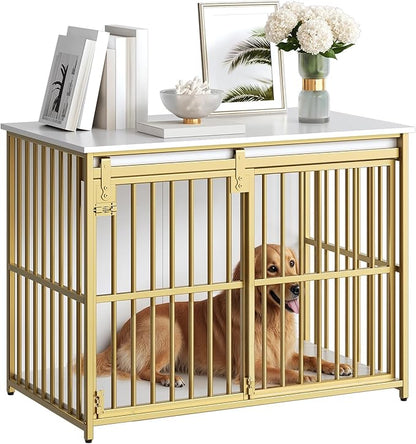 HOOBRO Dog Crate Furniture, 36.6" Heavy Duty Dog Kennel with Sliding Barn Door, Wooden Dog Cage Indoor, Decorative Side End Table for Small/Medium Dogs, White and Gold GD162GW03G1