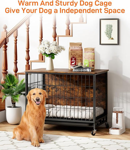 GAOMON 2024 New Elegant 38.6" Dual-Entry Large Dog Kennel & Stylish Furniture Piece: Easy-Clean, Chew-Proof, with Mobile Locking Wheels, Perfect Fusion of Pet Comfort & Home Decor - Rustic Brown