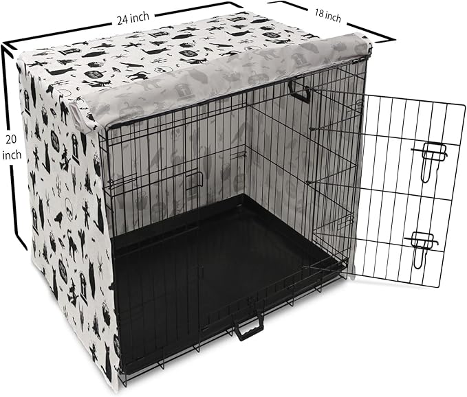 Lunarable Halloween Dog Crate Cover, Horror Pattern Tombstone Kitty Owl Voodoo Trick or Treat Pumpkin, Easy to Use Pet Kennel Cover for Cats & Medium Dogs, 24 Inch, Grey Black Charcoal