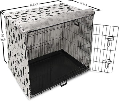 Lunarable Halloween Dog Crate Cover, Horror Pattern Tombstone Kitty Owl Voodoo Trick or Treat Pumpkin, Easy to Use Pet Kennel Cover for Cats & Medium Dogs, 24 Inch, Grey Black Charcoal
