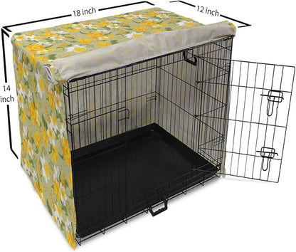Lunarable Daffodil Dog Crate Cover, Vintage Inspirations Floral Arrangement Pattern Romantic Bouquet Nature, Easy to Use Pet Kennel Cover for Small Dogs Puppies Kittens, 18 Inch, Green Marigold White