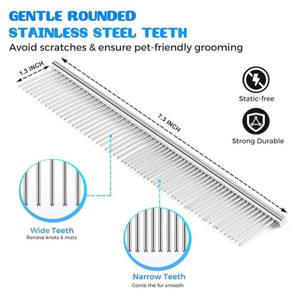 5 in 1 Dog Grooming Kit, Self Cleaning Slicker Brush for Shedding Short Long Haired Dogs & Cats, Includes Pet Comb, Flea Comb, Bath Brush, Undercoat Rake, Blue