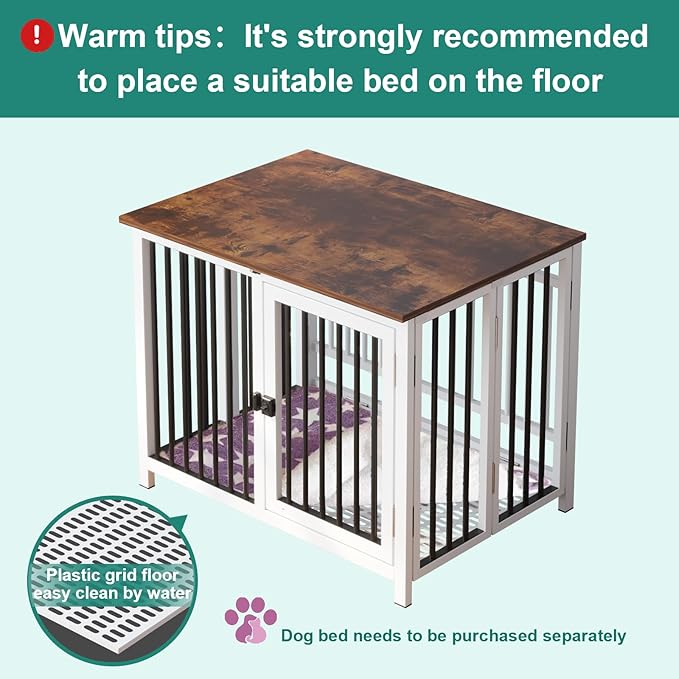 Heavy Duty Dog Crate Furniture, Fully Assembled exc. Locks, All Metal Frame & Wooden Tabletop, Modern Kennel for Small Dog, End Table, Sturdy, Foldable, White+Black/Rustic Brown