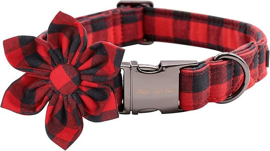 Uniqe Style Paws Christmas Grid Dog Collar, Female or Male Adjustable Dog Collar with Flower, Durable Floral Pattern Pet Collar for X-Large Dogs
