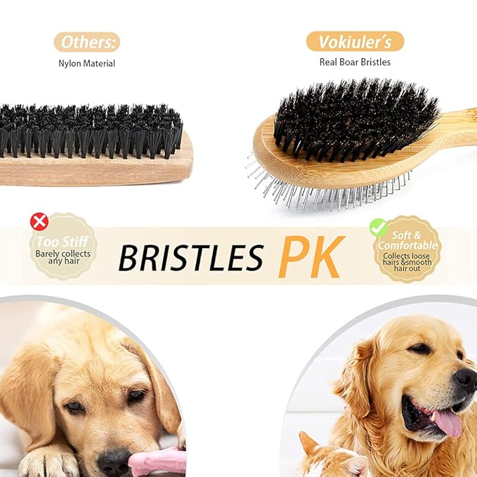 Dog Brush Cat Brush, Double Sided Bristle and Pin Pet Brush for Dog Grooming, Real Boar Bristle Shedding Brush with Bamboo Handle for Long Short Hair, 2 Pack Dog Comb, 1 Nail Clipper