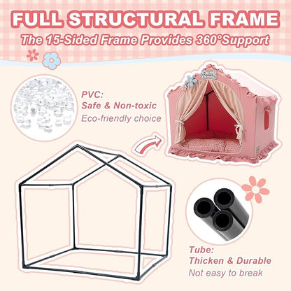 Jiupety Indoor Dog House with Frame, Cute Dog Tent Bed with Cover Cave, Breathable, Washable, and Foldable House, Suitable for 20-40 Lb, Large (25"×25"×25"), Pink