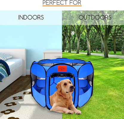 Pop Up Pet Exercise Play Pen Tent Portable Kennel with Weather Resistant Oxford Material, 8 Windows and Removable Zipper Top for Puppies Dogs Kittens Cats Rabbits + More! Includes Bag