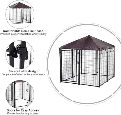 PawHut 4.6' x 4.6' x 5' Outdoor Dog Kennel, Walk-in Pet Playpen, Welded Wire Steel with Water and UV-Resistant Canopy, Black
