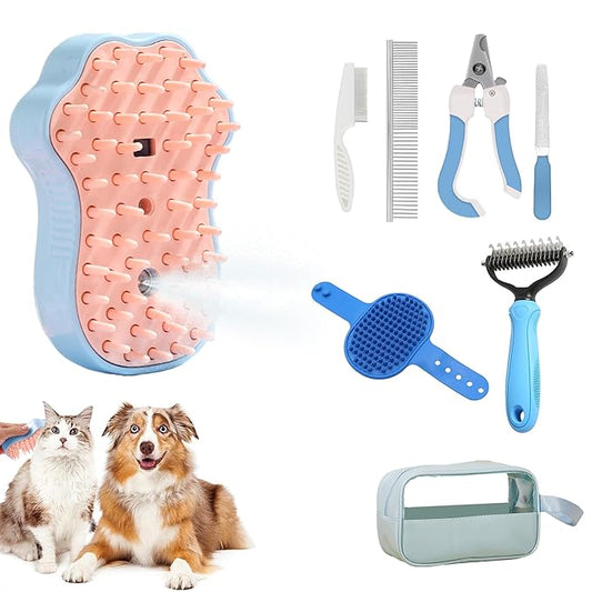 Pet Grooming Steam Brush Kit 7pcs, Cat Brush With Spray and Comb for Shedding - Nail Clippers File Set for Dogs Long Matted Haired Pets and Nail Repair