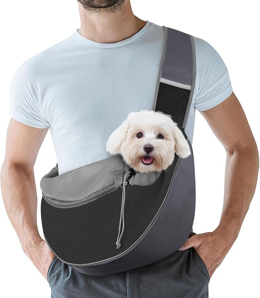 Pawaboo Pet Dog Sling Carrier, Hand Free Drawstring Dog Papoose with Adjustable Strap, Breathable Mesh Bag for Puppy Cat, Crossbody Satchel Dog Purse with Pocket for Outdoor, Dark Gray+Black, Small