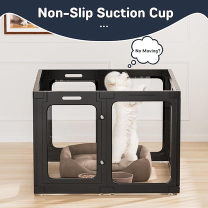 Acrylic Dog Playpen Indoor, 8 PCS Plastic Puppy Playpen with Door, Clear PlayPen for Dog Cat Rabbit Ferret, Easy Assemble Pen, Preferable Small Cage, Black, 33.5" L x 33.5" W x 24" H