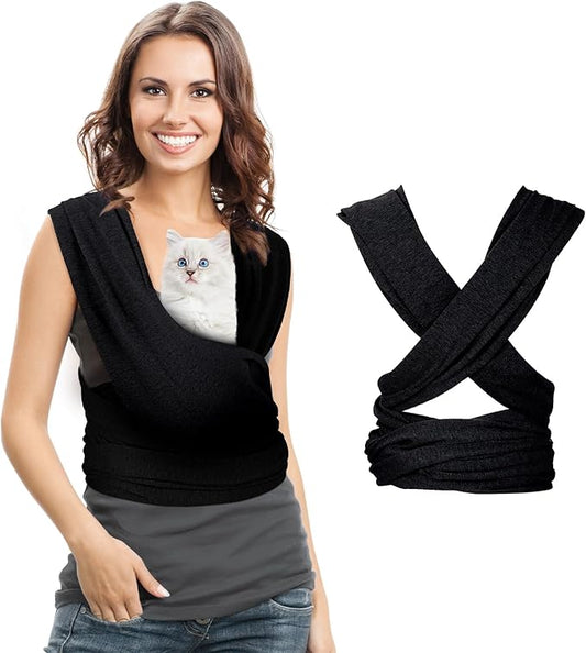 Cat Sling Carriers, Front Facing Dog Sling, Cat Wrap Carrier Chest, Hands Free, Size Adjustable, Soft Cotton, Cat Swaddle Bag for Outdoor(Black)