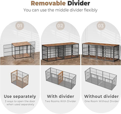 94.48'' Dog Crate Furniture Large Breed TV Stand with Double Rooms,Wooden Dog Kennel Dog Crate End Table with Removable Divider for Large Medium Dogs, Can Use Separately