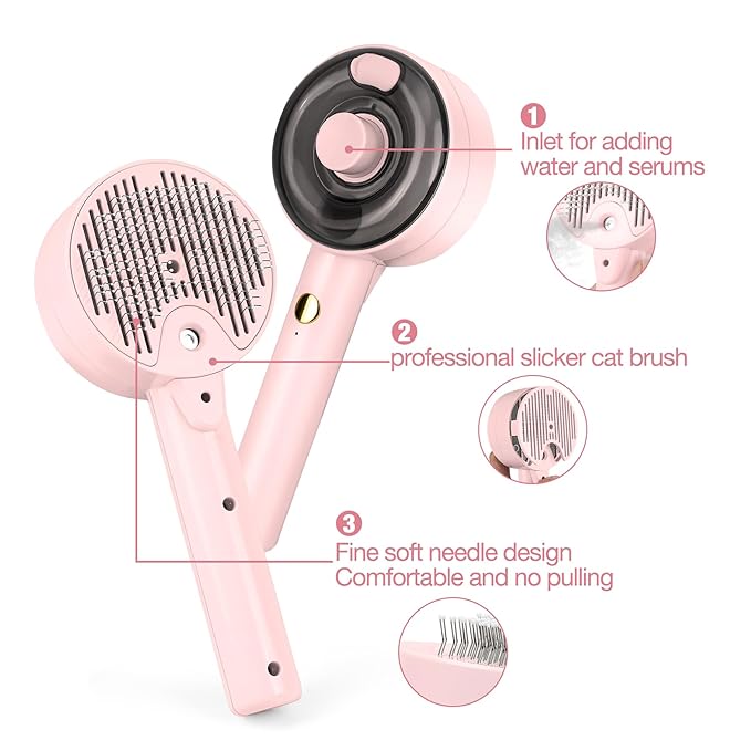 Steam Brush for Cats,3 in 1 Steamy Pet Brush Dog for Shedding for Indoor Cats,Water Brush for Cats Dogs,Spritz Defur Comb for Cats,Pet Grooming Brush Removal Comb with Spray for Cats（Pink）