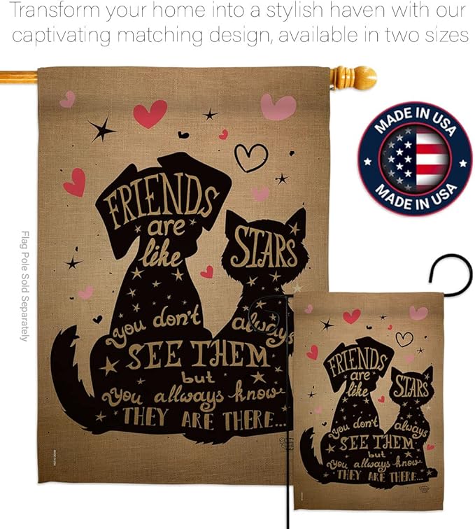 Friends are Like Stars House Flag 2 pcs Pack Dog Puppy Spoiled Paw Canine Fur Pet Nature Farm Animal Creature Decoration Banner Small Garden Yard Gift Double-Sided, Made in USA