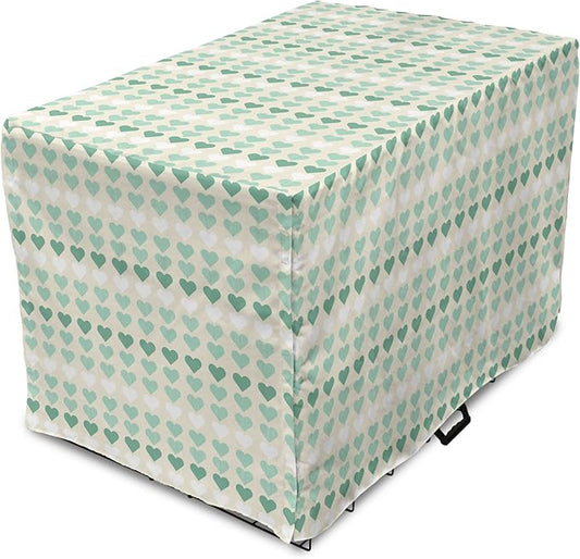 Lunarable Aquamarine Dog Crate Cover, Romantic Pattern with Heart Shapes in Rows, Easy to Use Pet Kennel Cover for Medium Large Dogs, 42 Inch, Champagne Laurel Green