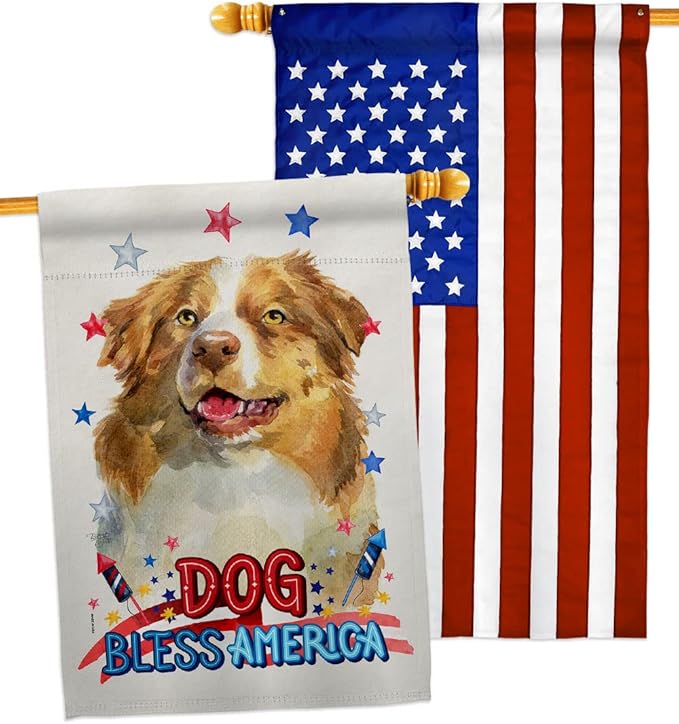 Breeze Decor Patriotic Yellow Australian Shepherd House Flag-Pack Dog Puppy Spoiled Paw Canine Fur Pet Nature Farm Animal Creature Applique Banner Small Garden Yard Gift Double-Sided, Made in USA