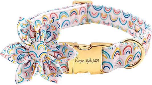 Uniqe Style Paws Flower Dog Collar, Adjustable Dog Collar with Flower, Durable Rainbow Floral Pattern Pet Collar for X-Large Dogs