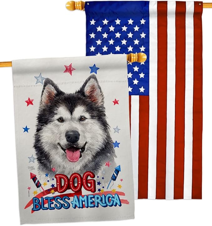 Breeze Decor Patriotic Siberian Husky House Flag Pack Dog Puppy Spoiled Paw Canine Fur Pet Nature Farm Animal Creature Applique Banner Small Garden Yard Gift Double-Sided, Made in USA