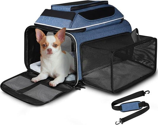 Petskd Top and Side Expandable Pet Carrier 18x13x9.5 Inches Southwest Allegiant Airline Approved, Soft-Sided Carrier for Small Cats and Dogs with Locking Safety Zippers and Anti-Scratch Mesh(Blue)