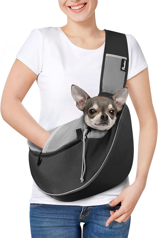 Pawaboo Dog Sling Carrier, Dog Papoose with Zipper Touch Pocket, Hand Free Breathable Mesh Puppy Carrier, Crossbody Satchel Dog Purse with Adjustable Strap for Outdoor Travel, Black, Small