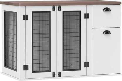 PawHut 44" Dog Crate End Table, Double Door Kennel With Storage Drawer, Indoor Furniture Style Cage for Medium Dogs, White