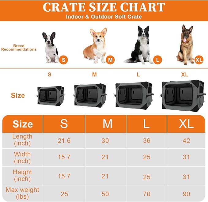 Wdmiya Dog Crates for Medium & Large Dogs, Portable Travel Dog Crate with Chew Proof Mesh, Soft Collapsible Dog Crate with Absorbent Dog Pad, Car Dog Kennel Indoor & Outdoor 4-Door (Grey, l)
