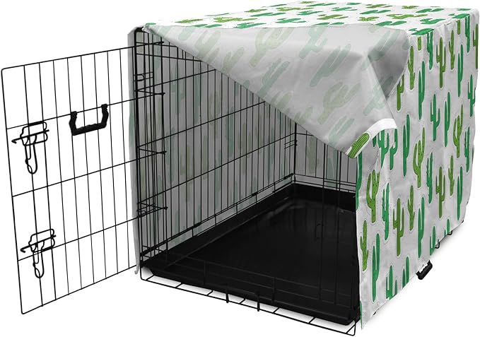 Lunarable Cactus Print Dog Crate Cover, Hand Drawn Cutout Style Cactus Plants Warm Climate Botany with Thorns, Easy to Use Pet Kennel Cover for Small Dogs Puppies Kittens, 22 Inch, White Lime Green
