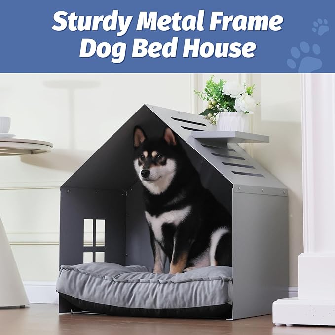 Modern Metal Dog House with Plush Cushion – Open Design Dog Bed, Cozy Pet Cave for Dogs & Cats, Stylish Indoor Pet Furniture