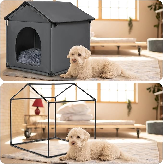 Small Dog House Soft Indoor with Internal Size 22x20x18in for Beagle French Bulldog Welsh Corgi, Small Pet House with Soft Cushion, Oxford Fabric, 24x22x24in, Gray
