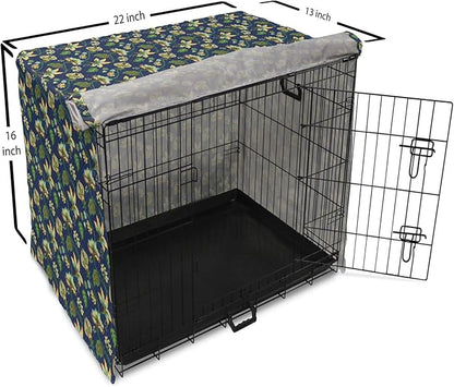 Lunarable Jacobean Dog Crate Cover, Triangles with Floral Pattern Stalks Leaves Flowers Whimsical Nature, Easy to Use Pet Kennel Cover for Small Dogs Puppies Kittens, 22 Inch, Dark Blue Green Mustard