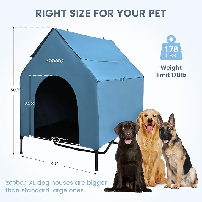 X-Large 48" Dog House - Weatherproof PVC, Elevated Cooling Bed, Easy to Clean (Blue)