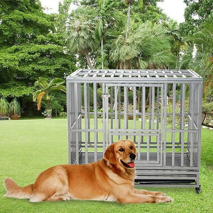LUCKUP 42" Heavy Duty Dog Cage Metal Kennel and Crate for Medium and Large Dogs Pet Playpen with Four Lockable Casters Indoor Silver