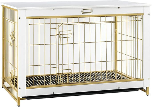 HOOBRO Dog Crate Furniture, 38.6" Large Dog Kennel Indoor, Wooden Dog Crate with Pull-Out Tray, Double Doors Dog House, Modern Side End Table for Small/Medium/Large Dog, White DW982GW03