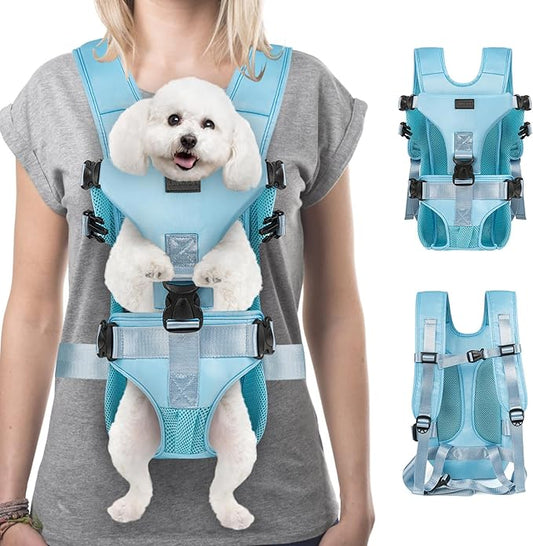 YUDODO Dog Backpack Carrier with Adjustable Safety Buckle Easy-fit Pet Dog Front Carrier for Small Medium Dog Legs Out Dog Chest Carrier for Traveling Walking Cycling (Small, Blue)