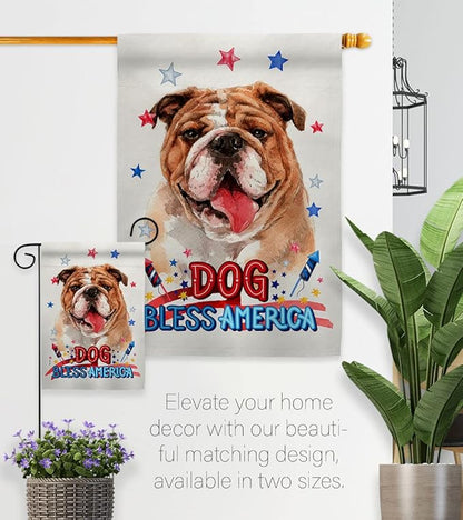 Breeze Decor Patriotic Bulldog House Flag Dowel Set Dog Puppy Spoiled Paw Canine Fur Pet Nature Farm Animal Creature Decoration Banner Small Garden Yard Gift Double-Sided, Made in USA