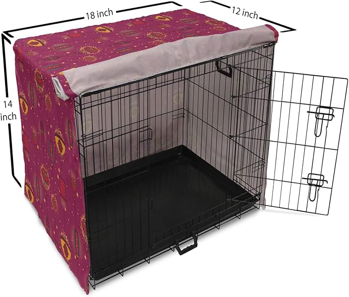 Lunarable Folkloric Dog Crate Cover, Cultural Inspirations Oriental Party Celebration Art Traditional Design, Easy to Use Pet Kennel Cover for Small Dogs Puppies Kittens, 18 Inch, Magenta and Yellow