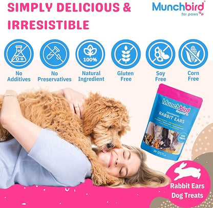 Dehydrated Rabbit Ears 100g (3.5 oz) 12-15 Counts for Dogs & Cats, European Furry Rabbit Ear Natural Fiber for Dogs, Rawhide Free Alternative to Pig Ears for Dogs, Ear Size Varies