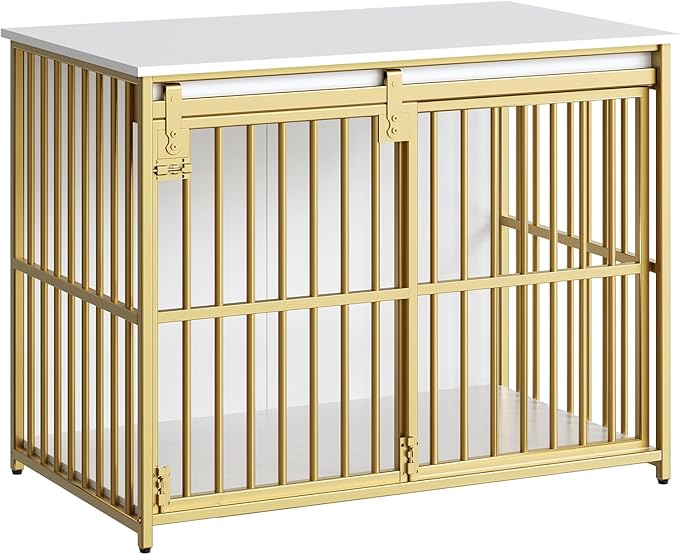 HOOBRO Dog Crate Furniture, 36.6" Heavy Duty Dog Kennel with Sliding Barn Door, Wooden Dog Cage Indoor, Decorative Side End Table for Small/Medium Dogs, White and Gold GD162GW03G1