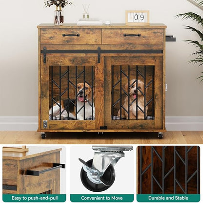 YITAHOME Dog Kennel Furniture for 2 Dogs, 39 inch Double Dog Crate with Storage Drawers, Indoor Wooden Dog House Heavy Duty for 2 Small Medium Dogs, Brown