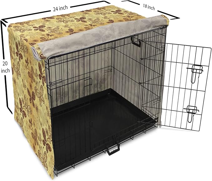 Lunarable Yellow and Brown Dog Crate Cover, Butterflies with Lace Style Ornament Spring Season Beauty Nature Print, Easy to Use Pet Kennel Cover for Cats & Medium Dogs, 24 Inch, Chestnut Brown