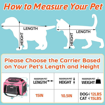Petskd Top-Expandable Pet Carrier 18x13x9.5 Inches Southwest Allegiant Airline Approved, Soft-Sided Carrier for Small Cats and Dogs with Locking Safety Zippers and Anti-Scratch Mesh(Pink)