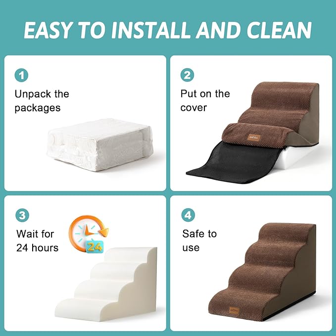 Dog Stairs for Small Dogs 19.7" H, Pet Step with Leakproof Cover, High Density Foam Cat Ramp for Bed, Couch or Sofa, Lightweight, Durable, Comfort, 15.7x28.3x19.7 inch, 4 Tiers, Brown